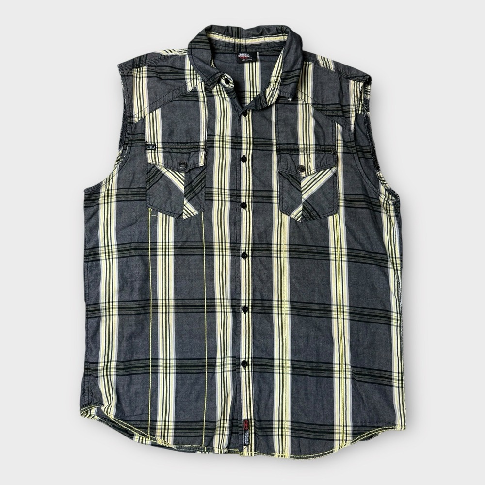 No Fear Mens Sleeveless Plaid Button Down Shirt XL Grey‎ Yellow Skull Detail